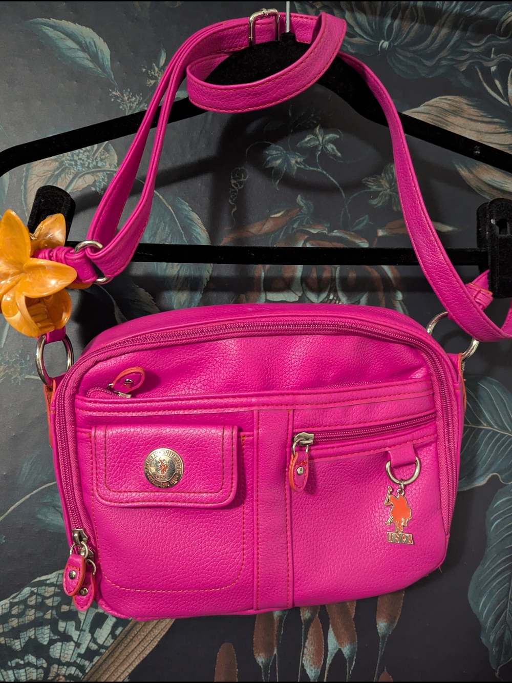 U.S. Polo Assn. Bubblegum Pink Crossbody Bag With Zip Pockets & Charm